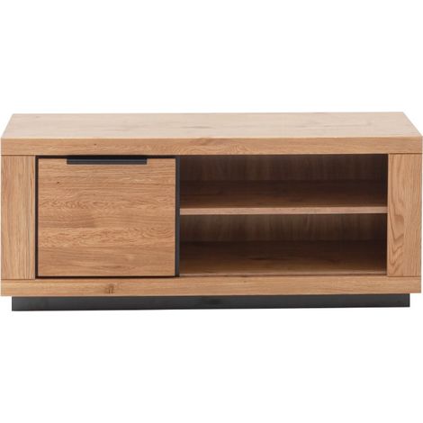 Meuble TV 1 porte et 2 niches ouvertes coloris chêne massif huilé - Longueur 122 x Hauteur 52 x Profondeur 54 cm (1/5)
