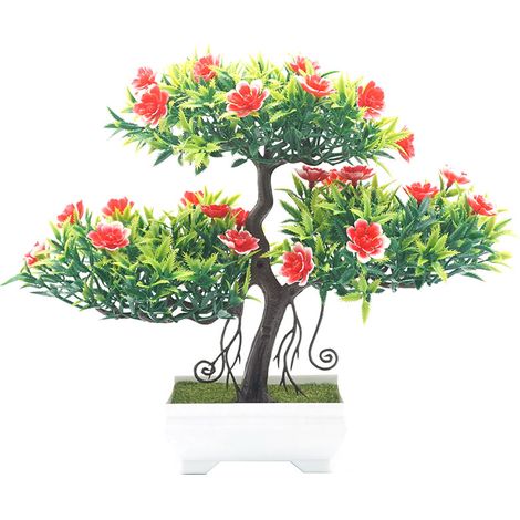 Plante Artificielle En Pot - Simulation Fleur Bonsaï Rouge - Décoration Intérieur Extérieur Bureau Maison - 1 Pièce
