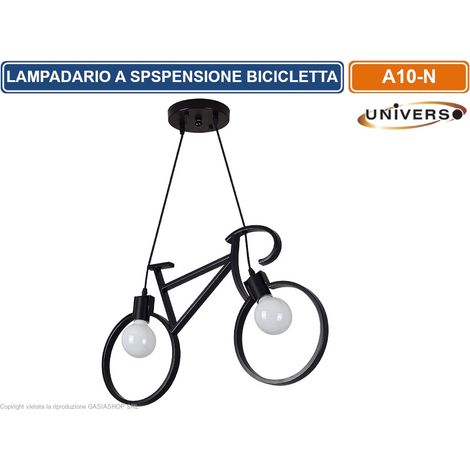 LAMPADARIO A SOSPENSIONE A FORMA DI BICICLETTA IN METALLO DI COLOREE NERO CON ATTACCO PER LAMPADINE E27 (1/8)
