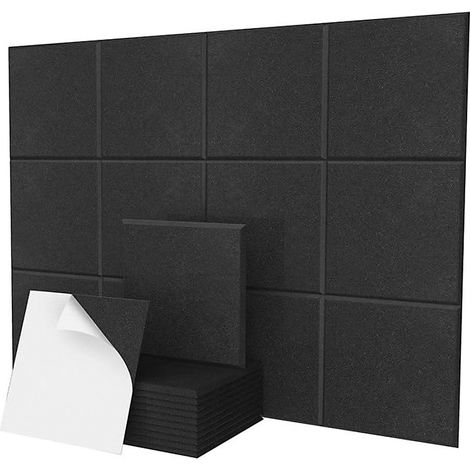 Panneau d&aposisolation acoustique carré 30 x 30 cm, panneau décoratif absorbant le son (12 pièces, dos adhésif), noir (1/5)