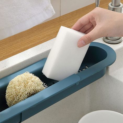 Support télescopique pour évier, égouttoir extensible avec panier de rangement pour éponge et savon, plateau pour évier de cuisine. (1/5)
