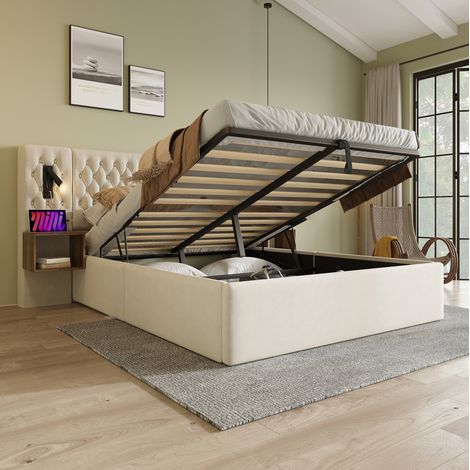 Letto Contenitore 180x200 cm con Struttura Idraulica in Tessuto Velluto Beige (1/5)