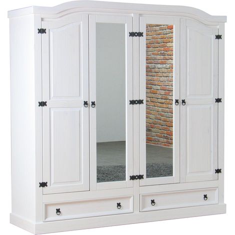 New Mexico Armoire 4 portes avec 2 portes miroir, 2 portes pleines et 2 tiroirs, largeur 194 cm, hauteur 193 cm, blanc/ciré. (1/5)