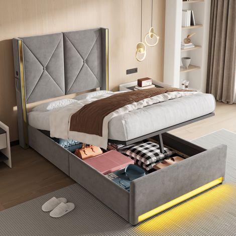 Cama canapé 90x200 cm con cabecero LED, USB y Tipo C, tapizada en terciopelo, gris oscuro (1/5)