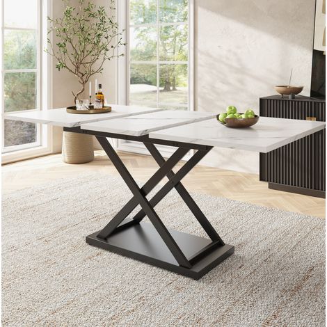 Table à manger extensible 120-160x80x75 cm blanc en MDF et métal avec pieds croisés (1/5)