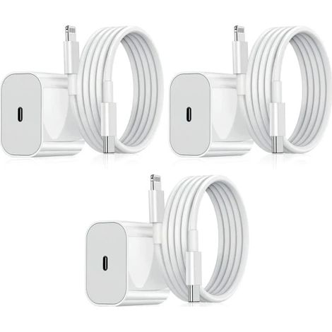 【HT】Lot de 3 chargeurs iPhone – Chargeur rapide + adaptateur USB-C 20 W Blanc (1/5)