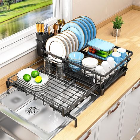 Egouttoir Vaisselle, Extensible Égouttoir à Vaisselle avec Porte-ustensiles, Économisez de l'espace Egoutoire Vaisselle Cuisine et Drainage Automatique, pour Cuisine, Noir (1/5)