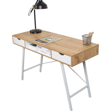 soges Schreibtisch mit Regal Schubladen aus Holz und Stahlgestell Moderner Tisch Arbeitstisch Arbeitszimmertisch mit 2 Schubladen und offenen Stauraum für Aufbewahrung, 120 × 48 cm
