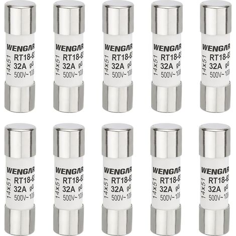 RT18-63 (RO16) AC500V 32A 14x51mm 100kA Ceramic Cylindrical Fuse for Household Appliances, Industrial Installation, Building, Pack of 10 (1/5)