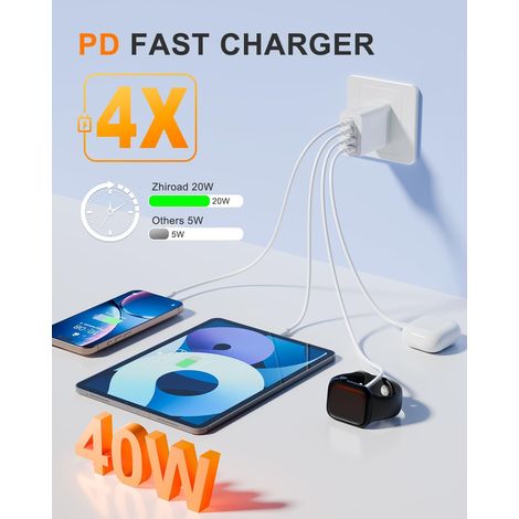 Chargeur USB-C 40W multiport, comp. iPhone/Samsung/iPad/Android, compact voyage.