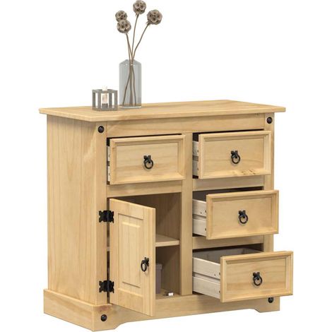 Buffet compact avec tiroirs et compartiment en pin massif, finition cire miel, 80 x 40 x 75 cm - PANGIVO (1/5)