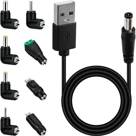 Câble d'alimentation Universel 5V USB vers DC, Chargeur DC 5v 5,5mm 2,1mm avec 8 Jack Connecteurs (5,5 x 2,5 4,8 x 1,7 4,0 x 1,7 3,5 x 1,35 2,5 x 0,7 Micro USB Type-C Connecteur LED) (1/5)