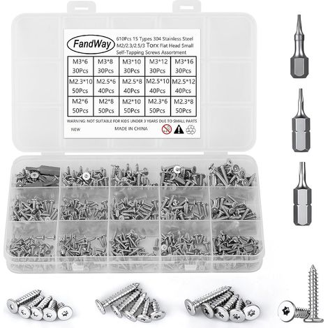 610 Pièces Vis Autotaraudeuses Tête Fraisée Torx,M2 M2,3 M2,5 M3 Petites Vis à Bois Tête Plate Acier Inox 304,Mini Tôle Autoperceuses Fileté Avec T5 T6 T8 Bit.Pour Meubles Métal Doux Plastique. (1/5)