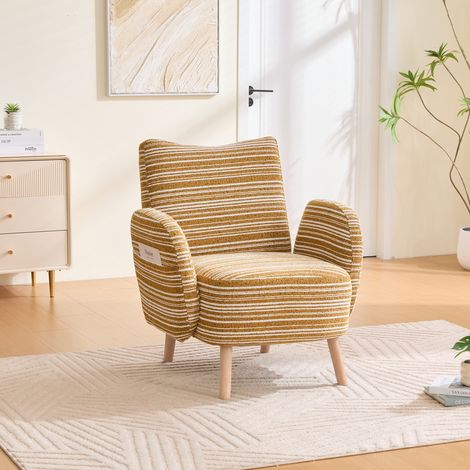 Fauteuil relax en tissu de bouclé – Avec poche latérale et pieds en bois massif – Fauteuil de lecture confortable pour salon, chambre et bureau – Jaune moutarde (1/5)