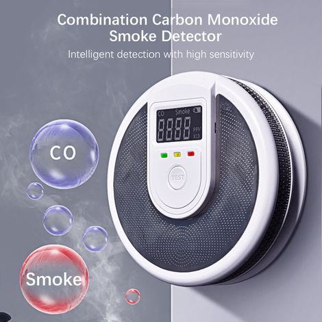 Batteriebetriebener Kombinations-Rauch- und Kohlenmonoxidmelder mit LCD-Bildschirm und Sprachalarm.