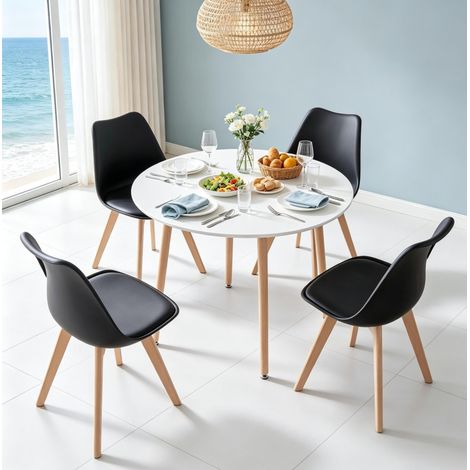 Set da pranzo rotondo 80 cm con 4 sedie in legno, plastica e similpelle OKWISH (1/5)