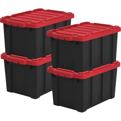 Caisse Rangement avec Couvercle Robuste, 21L, Lot de 4, Rouge, Compact, Durable, Empilable, pour Garage, Etagères, Déménagement, Plastique, Boite a Outils, Bac de Rangement, DDSKT-210 (1/5)