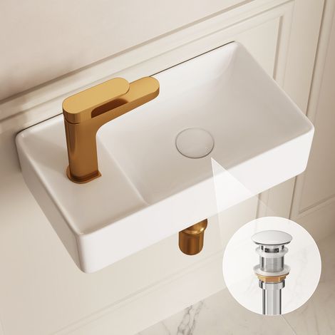 Vasque Lave Main - Vasque Suspendue Rectangulaire Blanche pour Vasque Salle de Bain - Trou pour Robinet à Gauche 45,5 x 25 x 11 cm - Facile d’entretien – Bonde pop-up incluse - DeerValley