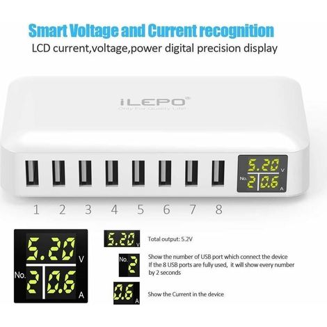 Chargeur USB 5V8A 8 Ports avec Affichage à LCD, Station de Recharge Intelligente Prise Multiple USB Compatible avec iPhone XS XR SE, iPad, Samsung Galaxy, Redmi, Téléphones Android etc. (1/4)