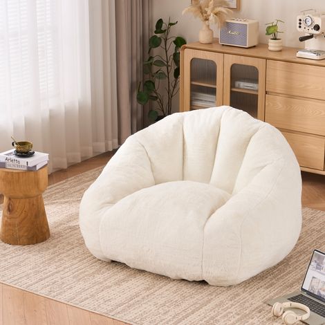 Fauteuil pouf adulte en fausse fourrure, rempli de mousse, blanc DESVIAE (1/5)