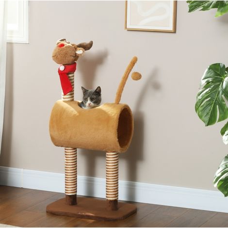 Arbre à chat en polyester marron avec tunnel et balle, pour griffer, jouer et se reposer, 48 x 34 x 98 cm (1/5)