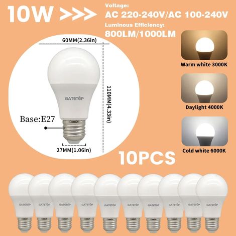 Lampes de croissance pour plantes (Lot de 10 ampoules LED E27 10 W, lumière du jour 4000 K, AC 100-240 V) Équivalent à une ampoule à incandescence de 100 W, ultra-lumineuse pour le salon (1/5)