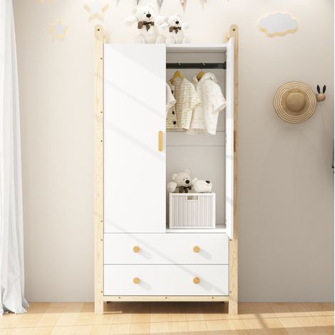 Armario ropero de MDF y madera maciza blanco/natural con 2 puertas, barra para colgar y 2 cajones 89,6x44x180,5 cm (1/5)