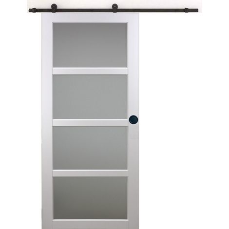 Porta Scorrevole in Vetro Tana Bianca H204 x L83 + Binario a rulli e 2 Gusci Neri