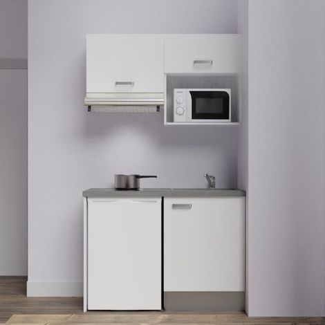 Kitchenette K02L-PT - 120 cm avec plan de travail et évier - emplacements frigo, hotte et micro-ondes Façade Blanc - Plan Gris - Evier Gris