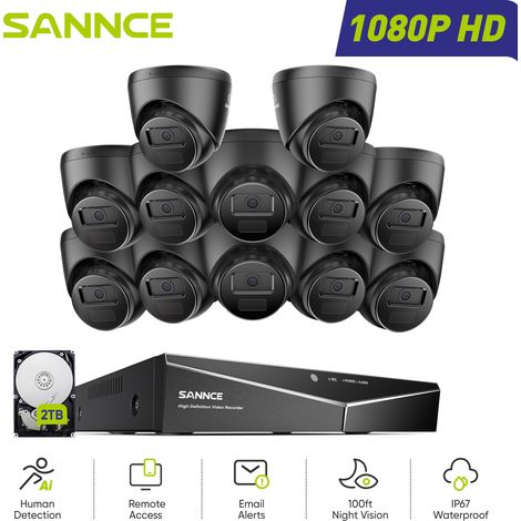 SANNCE 1080P Kit Cámaras de Vigilancia Exterior con 12 Cámaras 2MP Cable Sistema Cámara de Seguridad Visión Nocturna Acceso Remoto,2TB (1/5)