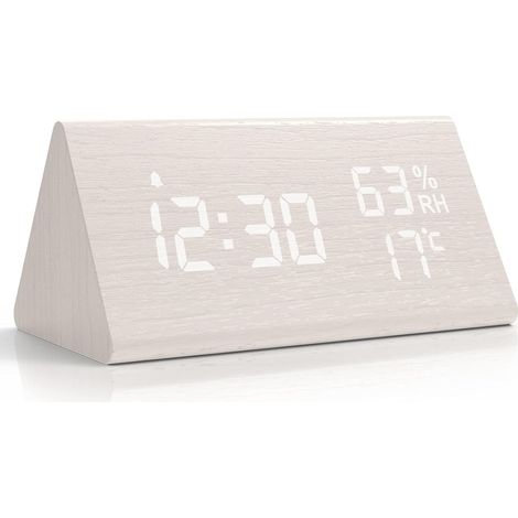Réveil Numérique en Bois, Horloge Digitale avec Snooze/Date/Température et Humidité- Blanc (1/5)