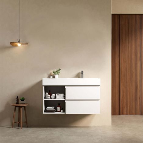 Mobile bagno sospeso 100 cm Bianco Opaco Lavabo a Destra in Resina Senza Specchio - Fiji Paint Plus