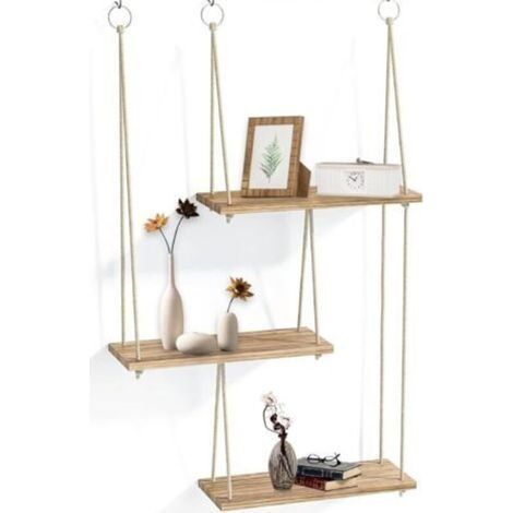 Étagères murales, Étagère de rangement flottante en bois bohème à 3 niveaux avec corde pour décoration murale et suspension de petites plantes pour chambre, salon, cuisine, chambre d'enfant (1/5)