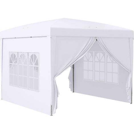Pavillon 3x3m avec 4 parois latérales et fenêtres, protection UV, sac de transport inclus, structure en acier et toile Oxford, blanc