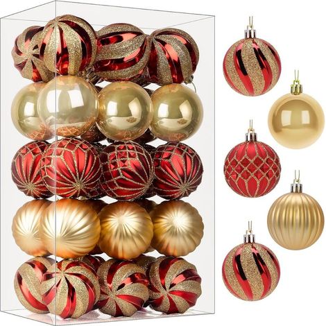 Lot de 30 Boules de Noël colorées en Plastique incassable pour Sapin de Noël, décoration de fête, Mariage (60 mm, Rouge et doré) (1/5)
