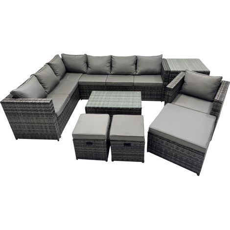 Fimous Outdoor Rattan Rectangular Coffee Table Corner Sofa Sets Garden Furniture Set with Side Table 2 Small Stools Dark Grey Mixed (1/5)
