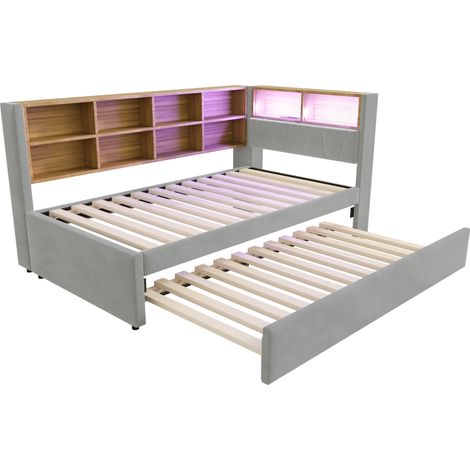 Cama tapizada multifuncional 90x200 con cama nido 90x190, LED, enchufes, gris claro (1/5)