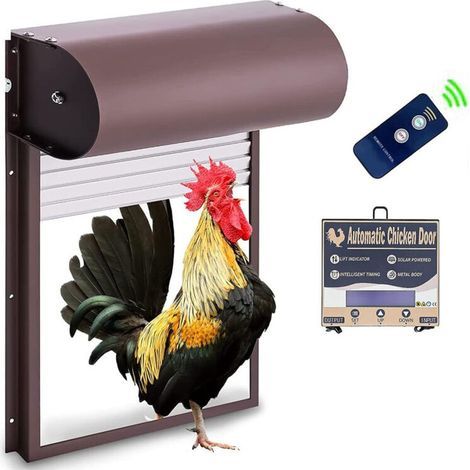 Porte Automatique poulailler programmable, ,Powerd Métal Rideau Roulant Poulailler Porte, avec Minuterie Capteur de Lumière Télécommande 3 modes Marron, (1/5)