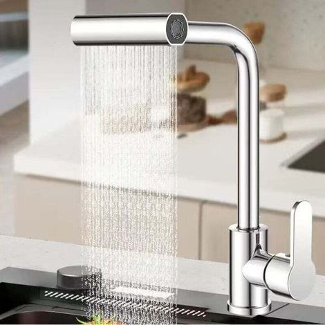 Robinet de cuisine extractible, mitigeur de cuisine rotatif à 360° avec douchette extractible, 4 réglages de débit d'eau, eau chaude et froide (argent). (1/4)