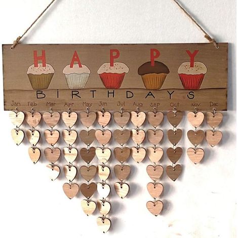 Calendrier en bois pour anniversaire de famille et amis - Plaque murale - Décoration murale en bois - Impression marron - Gateau d'anniversaire (1/5)