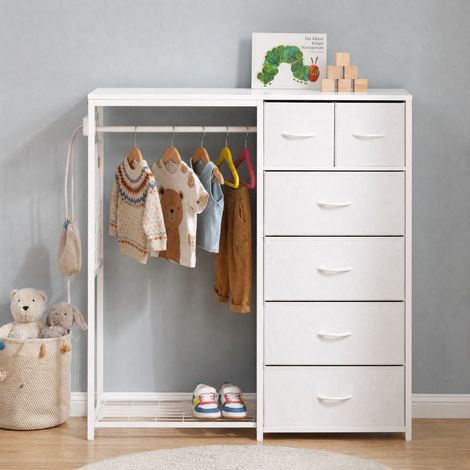 Armoire enfant blanche multifonction 125x40x118cm 6 tiroirs tringle et prise électrique pour chambre d'enfant