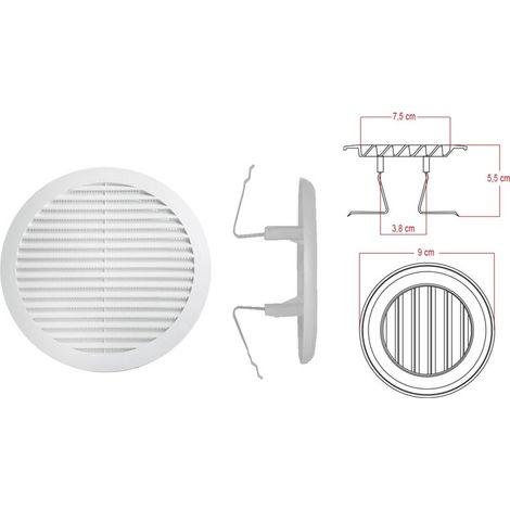 Griglia di Ventilazione Rotonda Con Molla D90mm Foro Regolabile 55-85mm Made In Italy