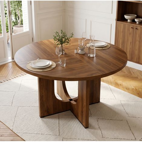 Table à manger ronde 120 cm en MDF, style scandinave, finition noyer, pour 4 à 6 personnes (1/5)