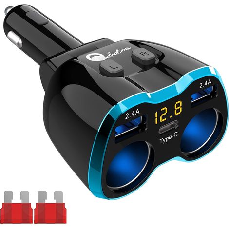 Allume Cigare USB Adaptateur 2-Prise, Prise De Voiture 3 Ports Chargeur De Voiture Type C Multi Prise De Courant 12V/24V 80W Adaptateur avec Affichage LED De Voltage Switch pour TéLéPhone (Bleu) (1/5)