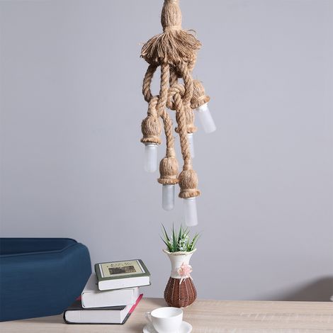 Corde chanvre vintage 5 têtes suspension plafonnier rétro lampe E27 douille, kit câble textile naturel pour lustre design industriel, longueur réglable (1/5)