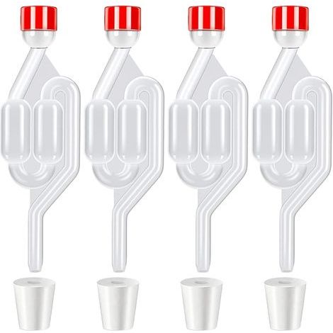 4 Pièces Barboteur Fermentation, Plastique Barboteurs Transparent avec Bouchon + 4 Bouchons en Silicone Perforés (Ouverture 8mm), Soupape Échappement de Fermentation pour Brassage de Bière Vin Cidre (1/5)