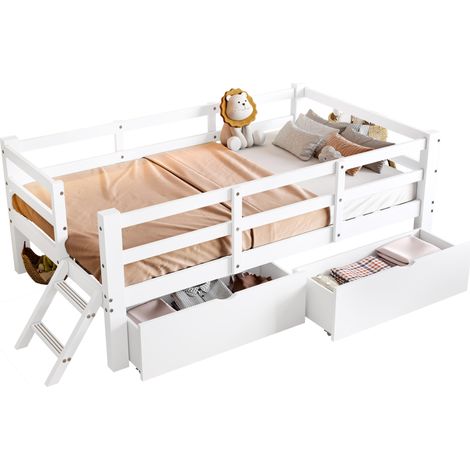 Lit plateforme 90x200 avec barrière de sécurité semi-fermée, 2 tiroirs et structure en MDF bois blanc, pour chambre enfant et gain de place – CHICFURN (1/5)