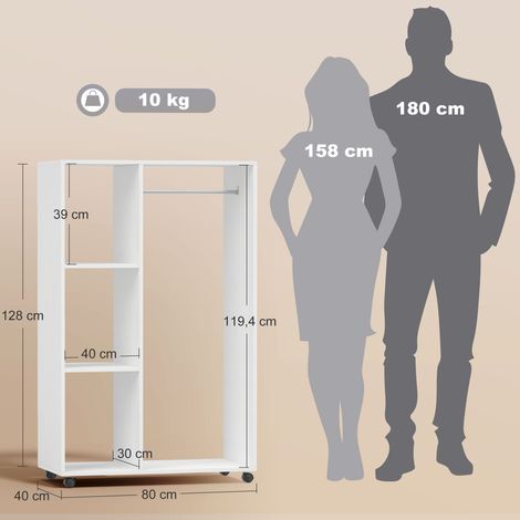 Armoire à roulettes, penderie mobile, portant à vêtements, support à vêtements roulant, 80 x 40 x 128 cm, blanc (1/5)