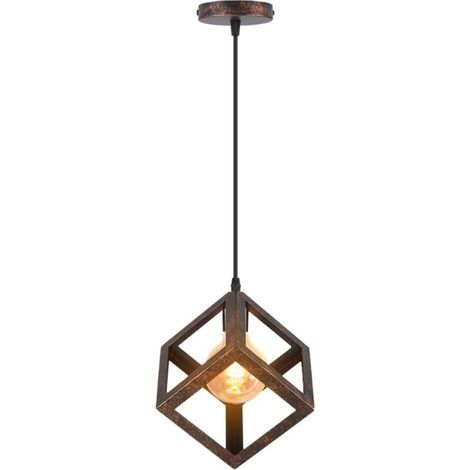Plafoniera (senza lampadina), cubo moderno, plafoniera in metallo dallo stile geometrico, compatibile con lampadine E27, 16x16x16 cm, cavo di sospensione da 100 cm (colore ruggine). (1/5)