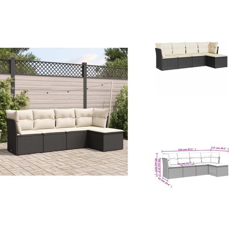 The Living Store Salon de jardin 5 pcs avec coussins noir résine tressée - Meuble de jardin (1/3)